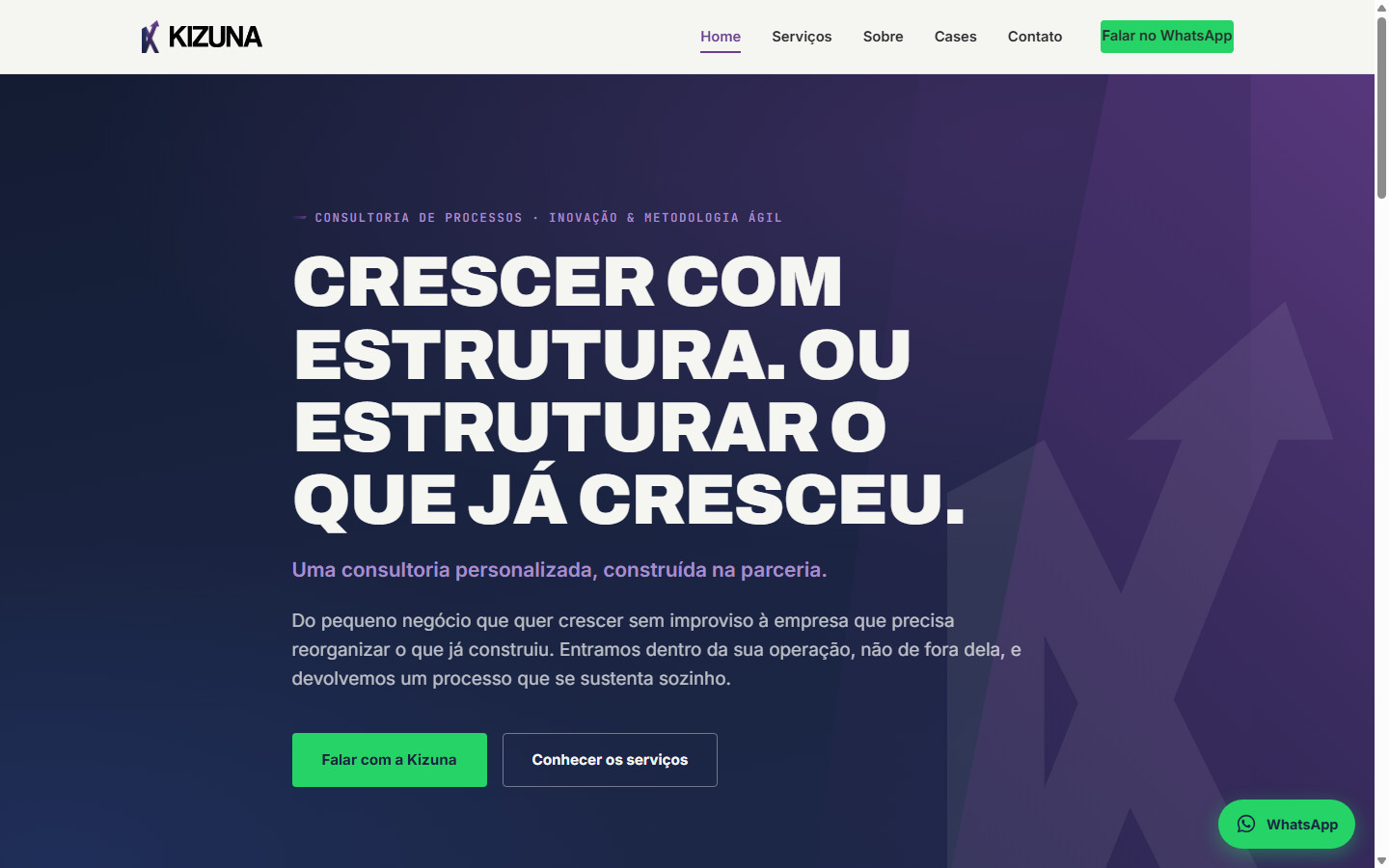 Página inicial do projeto Kizuna Consultoria em tons de azul e roxo